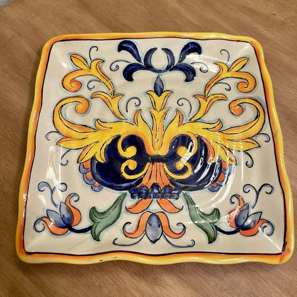 Vintage Handpainted Floral Alhambra Plate Platter Vibrant Yellow Blue 9x9 Inch